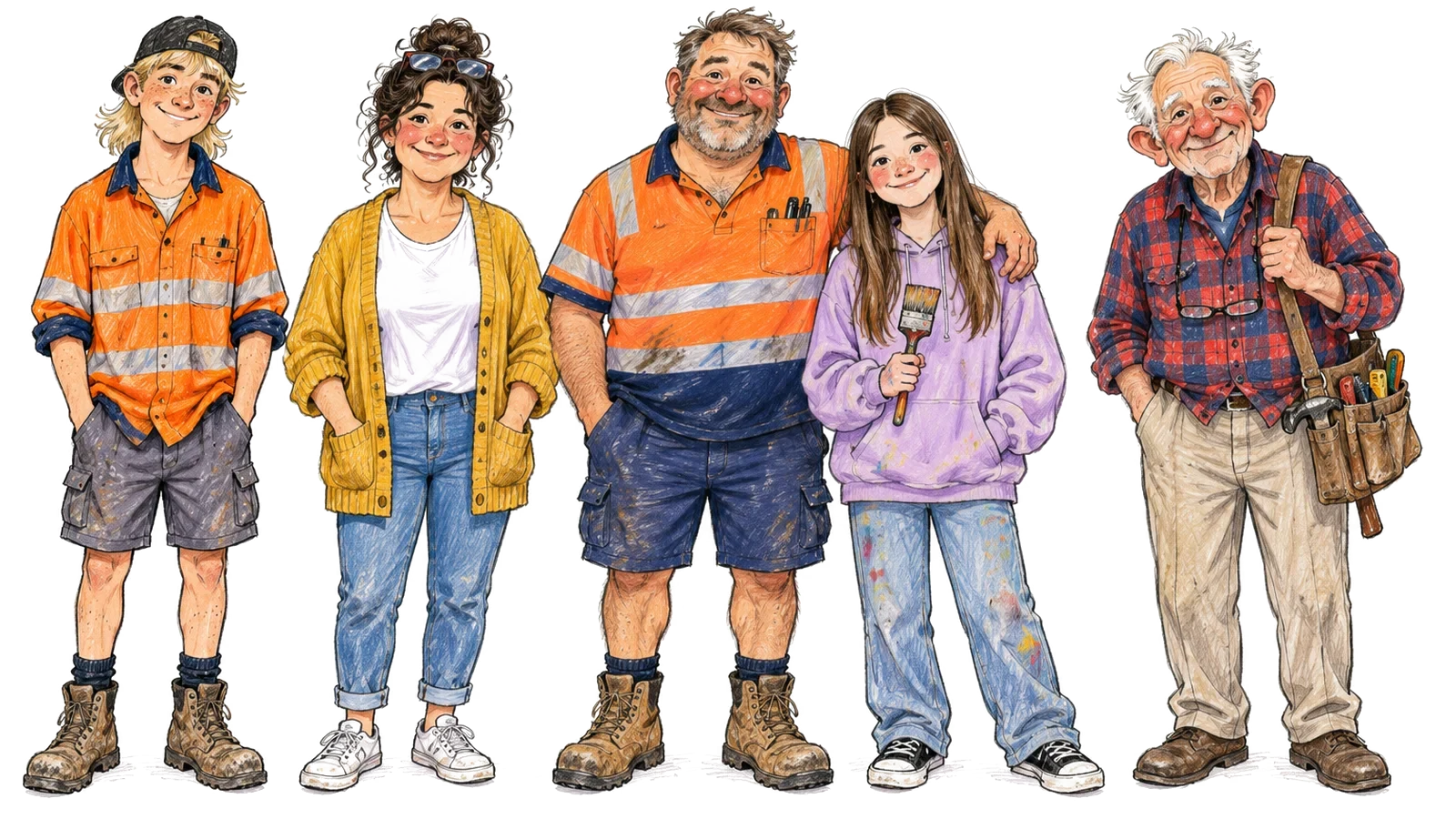 The Kerr family drawn in crayon: Jacko the apprentice, Mel, Dave in hi-vis with his arm around Ruby, and Pop with his old tool belt